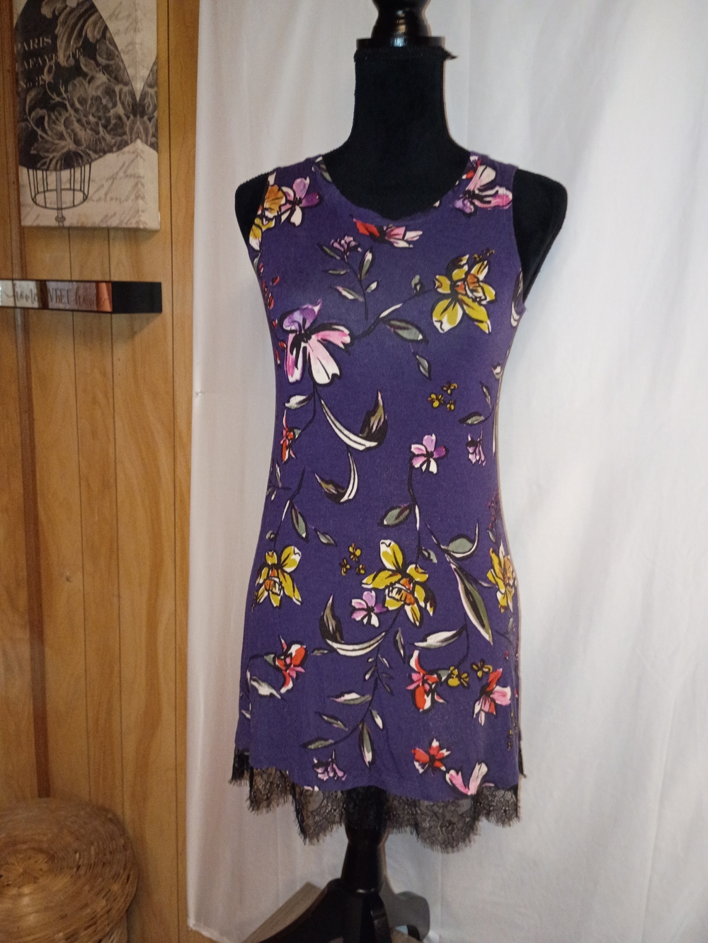 LOGO by Lori Goldstein Purple Floral Lace-Hem Sleeveless Dress